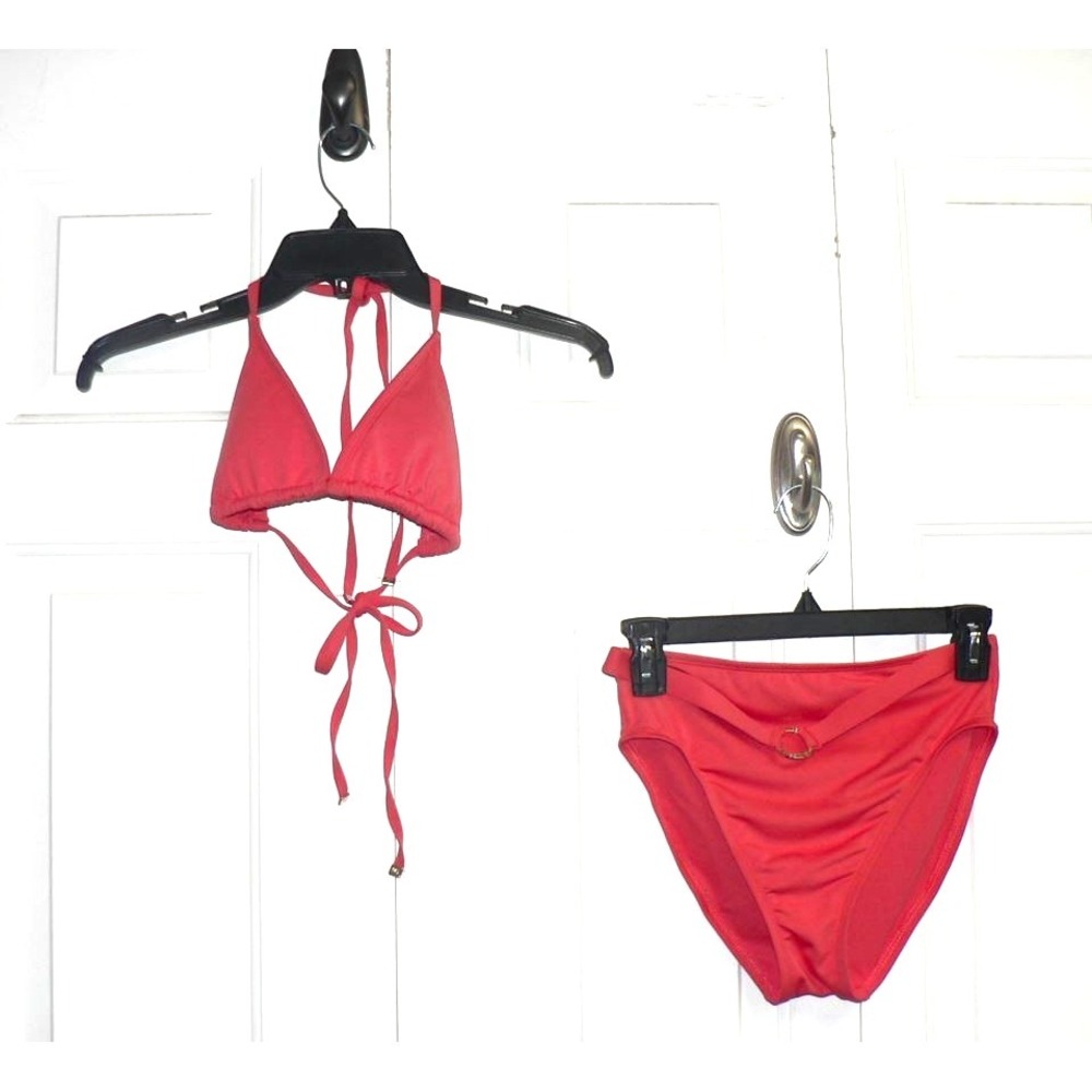 Michael Kors Triangle Spaghetti Strap Top‎ Logo O-Ring High Leg Bikini Coral XS